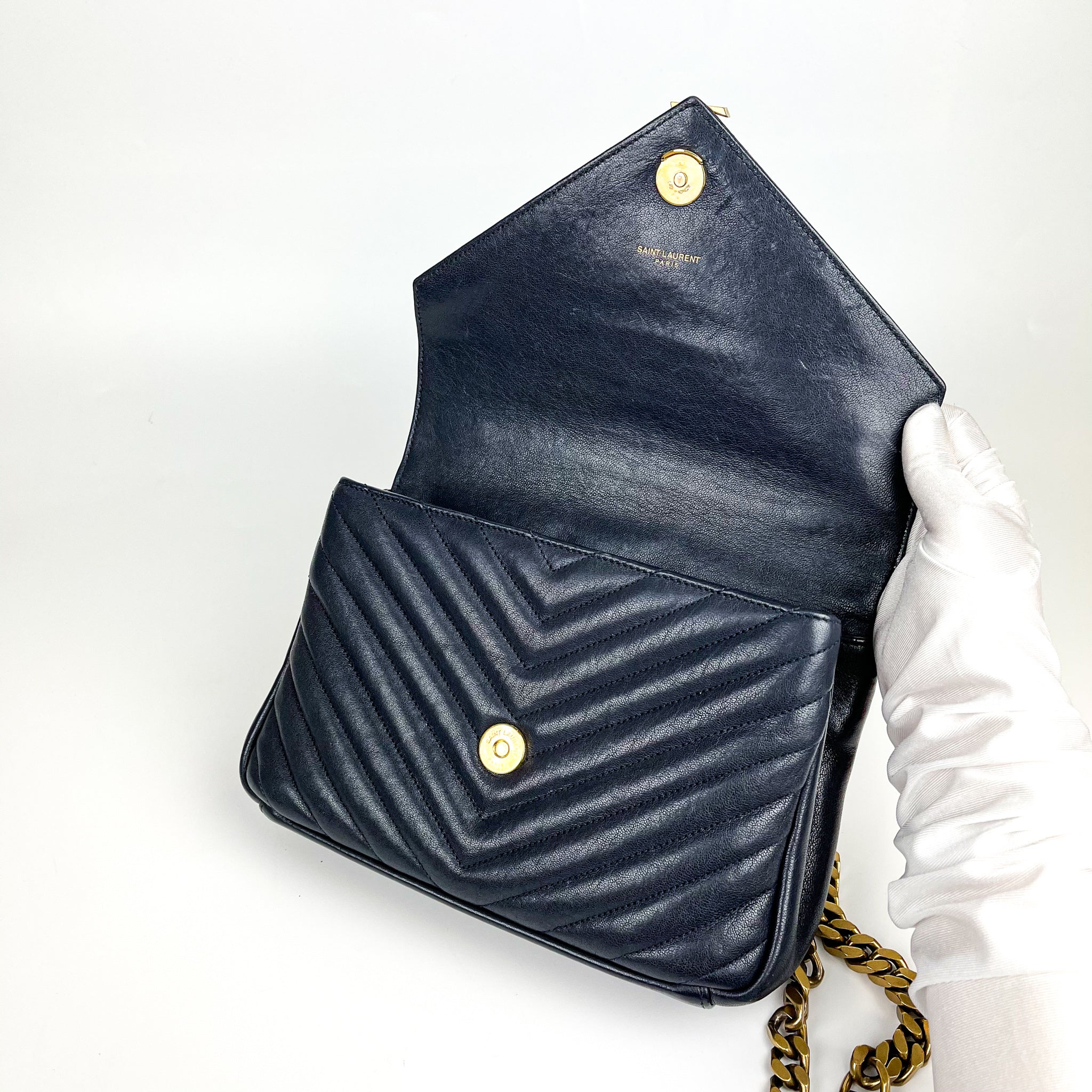 Medium Chevron College Leather Bag Dark Blue - Image 16