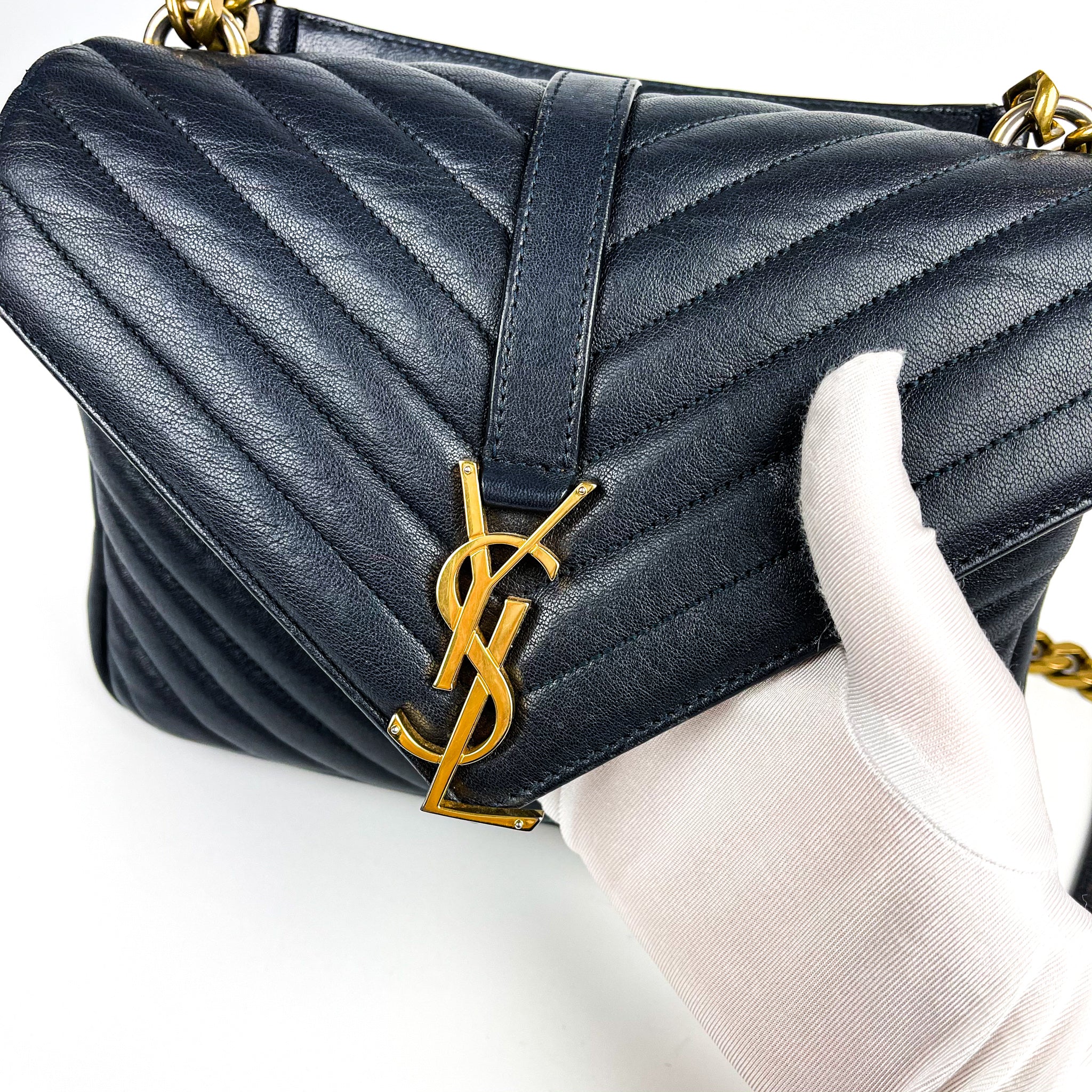 Medium Chevron College Leather Bag Dark Blue - Image 18