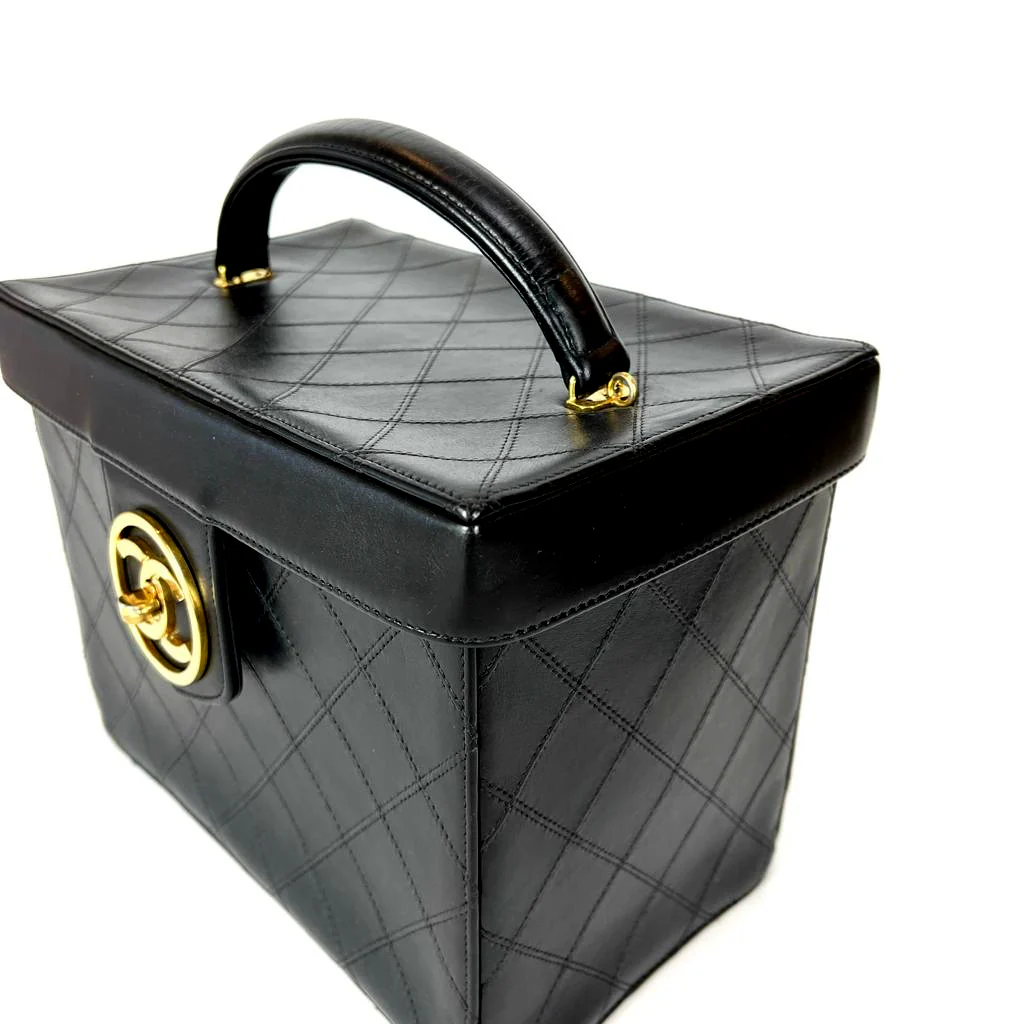 Vintage Quilted Leather Vanity Cosmetic Case Black - Image 10