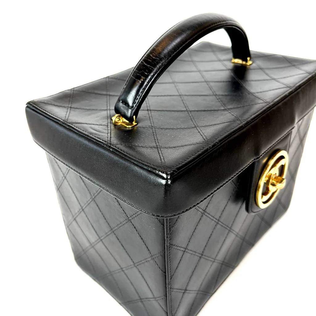 Vintage Quilted Leather Vanity Cosmetic Case Black - Image 11