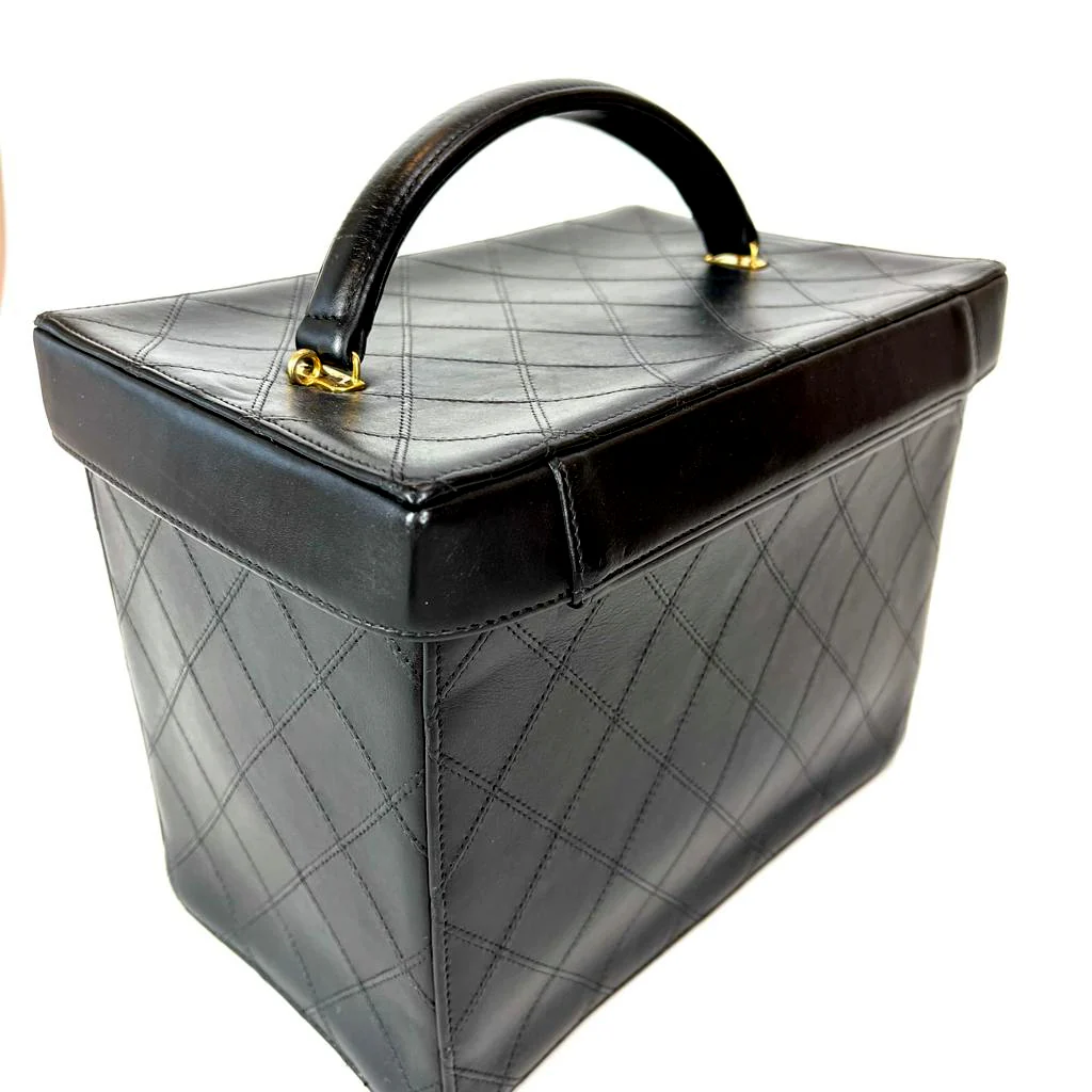 Vintage Quilted Leather Vanity Cosmetic Case Black - Image 13