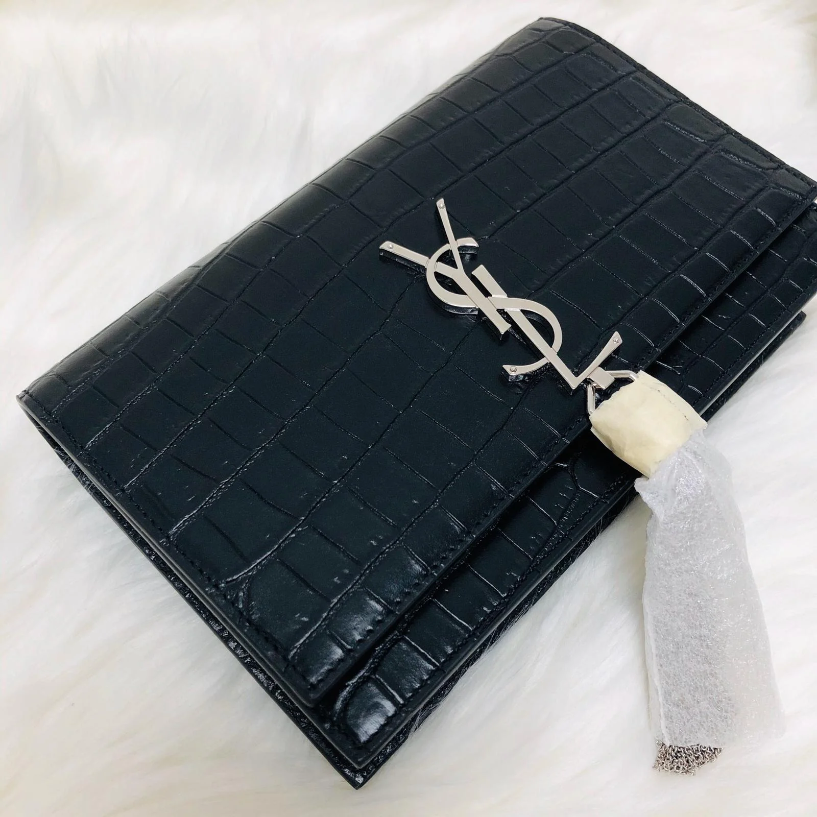 Classic Monogram Kate Tassel WOC in Black Crocodile Embossed Leather - Image 7
