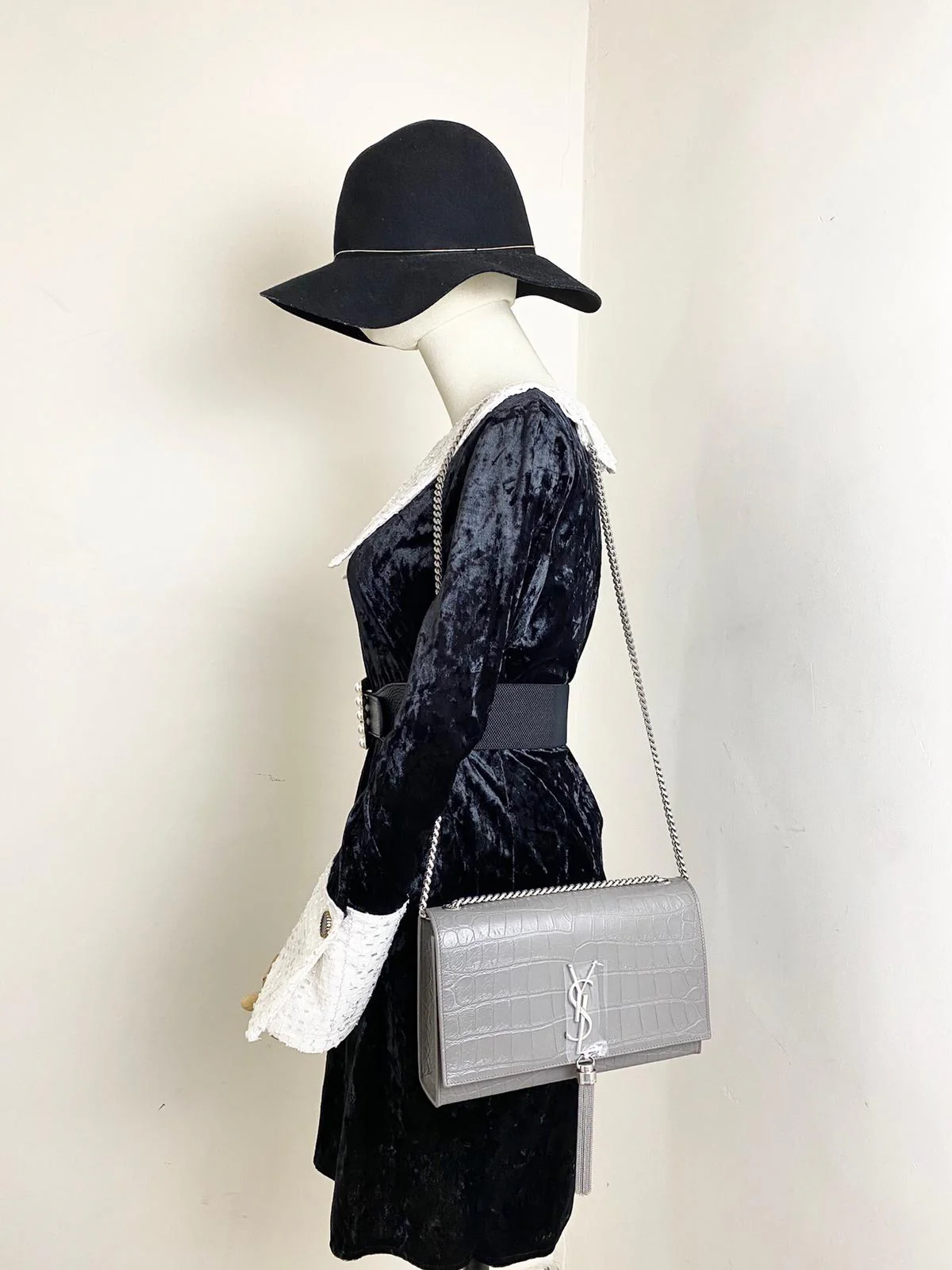 Classic Monogram Kate Tassel Satchel in Grey Crocodile Embossed Leather - Image 8